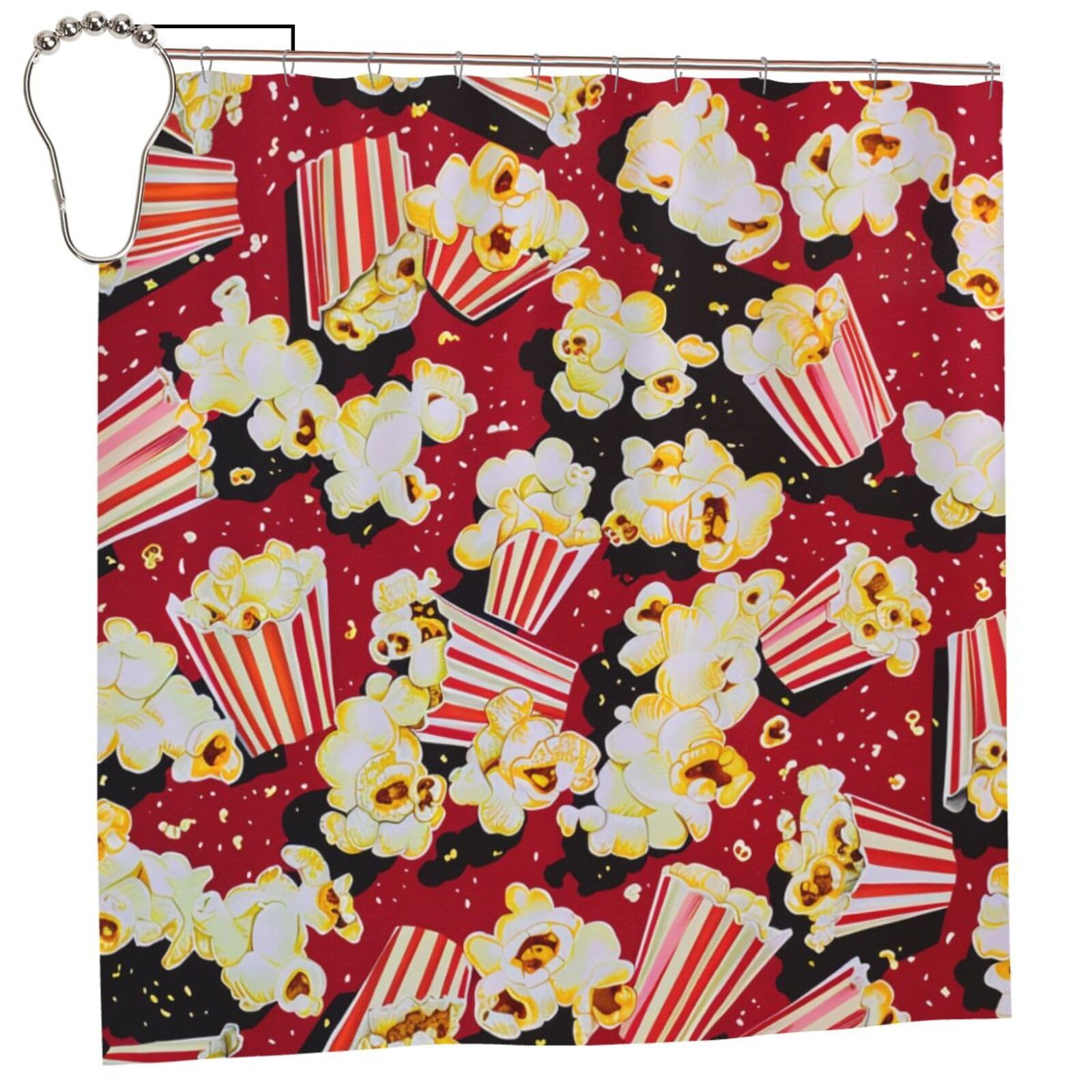 BWWHCCTI Popcorn Print Printed Shower Curtain With 12 Iron Hooks Opaque Quick Drying Waterproof Shower Curtains Sets For Bathroom 183x183 CM