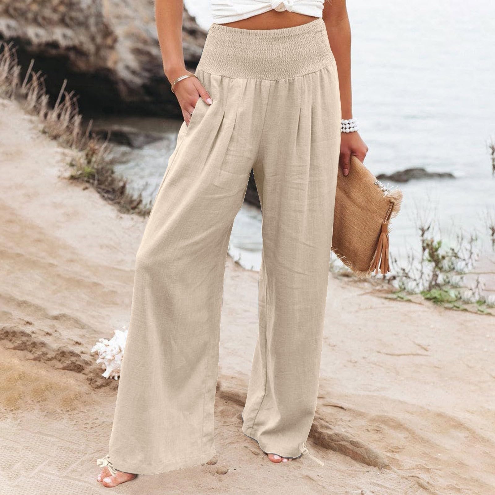 Womens Linen Pants 2026 Summer Beach Vacation Boho Wide Leg Pants Fashion High Waist Casual Flowy Palazzo Trousers — view 2