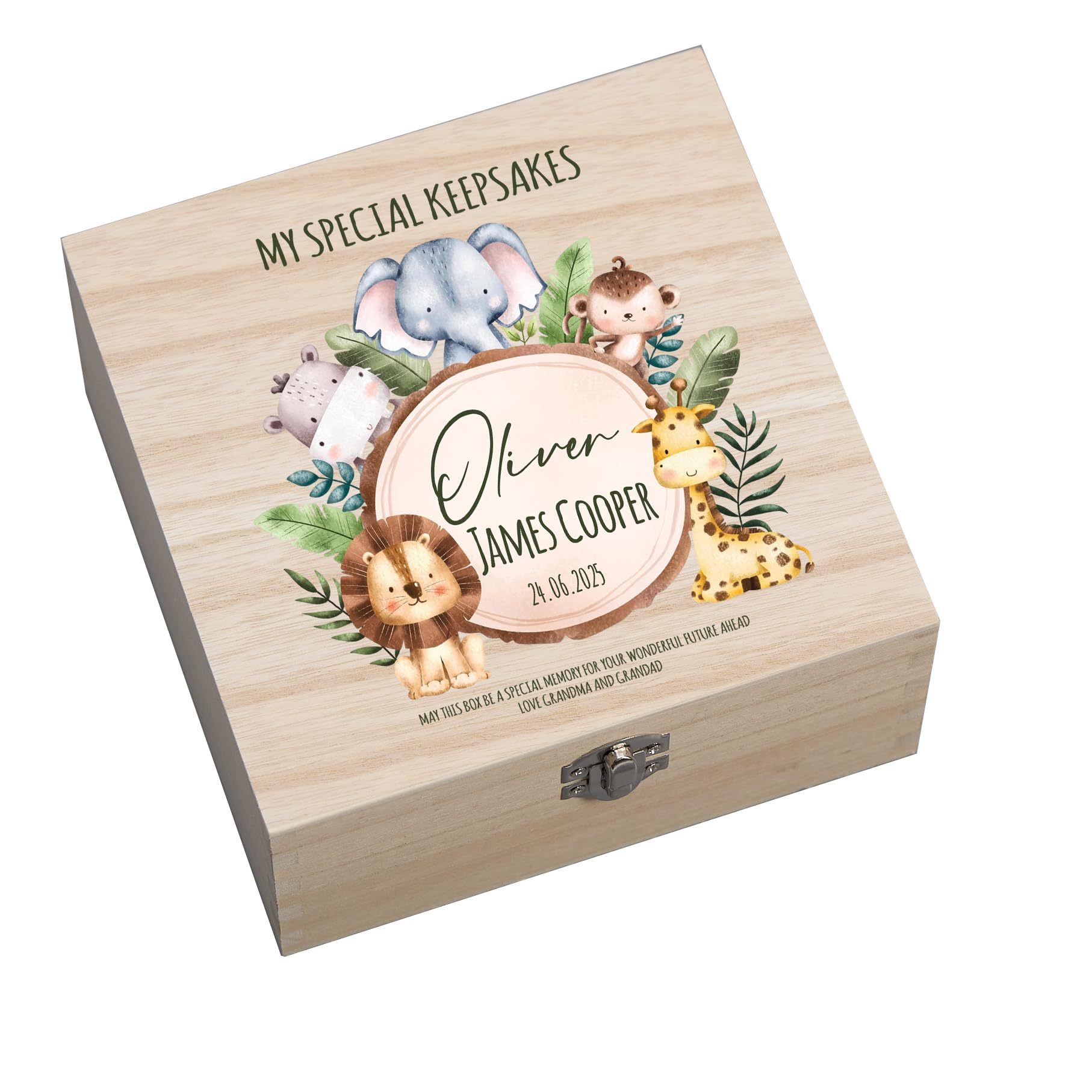 ukgiftstoreonline Wooden Baby Memory Box, Safari Theme, Personalised Keepsake Storage with Leaf Design and Clip Closure