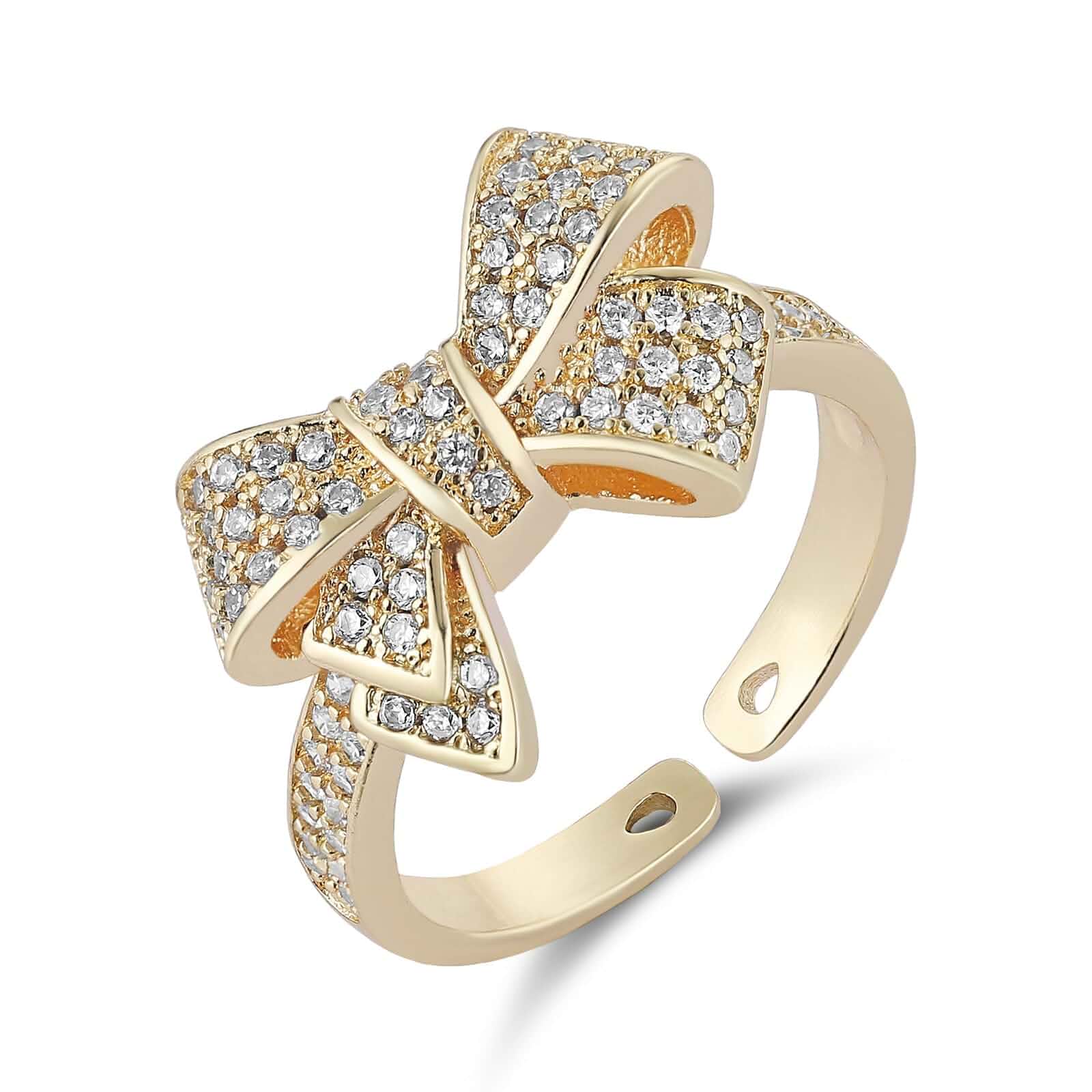 HZMAN 18K Gold Plated Bow Knot Ring - Pave Cubic Zirconia Statement Ring, Adjustable Open Design for Women, Trendy Daily Wear & Party Jewelry Gift