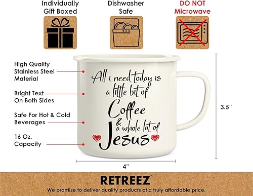Miniatura 3 de Retreez Taza de café All I Need is Coffee & Jesus Religious de 16 onzas de acero inoxidable esmaltado de metal para campamento, fogata, divertido