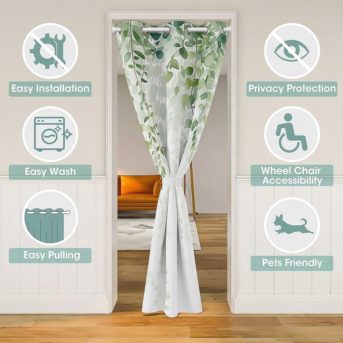Green Leaves Door Curtain Watercolor Willow Spring Rustic Style Doorway Curtain Privacy for Kids Teens Adults Natural Botanical Trees Plants Door Drape for Bedroom Closet Door 34" W X 80" L