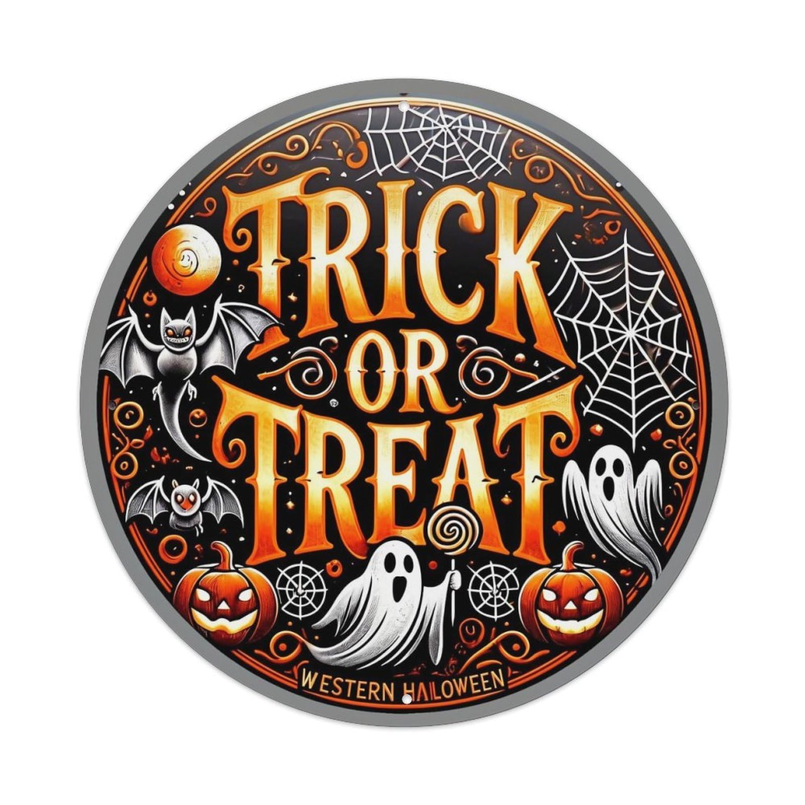 Jdyaojiesheng Vintage Trick Or Treat Halloween Pattern Round Tin Sign Retro Metal Wall Decor Metal Poster, Home Bar Garage Farmhouse Cafe Wall Art Decoration 8X8inch