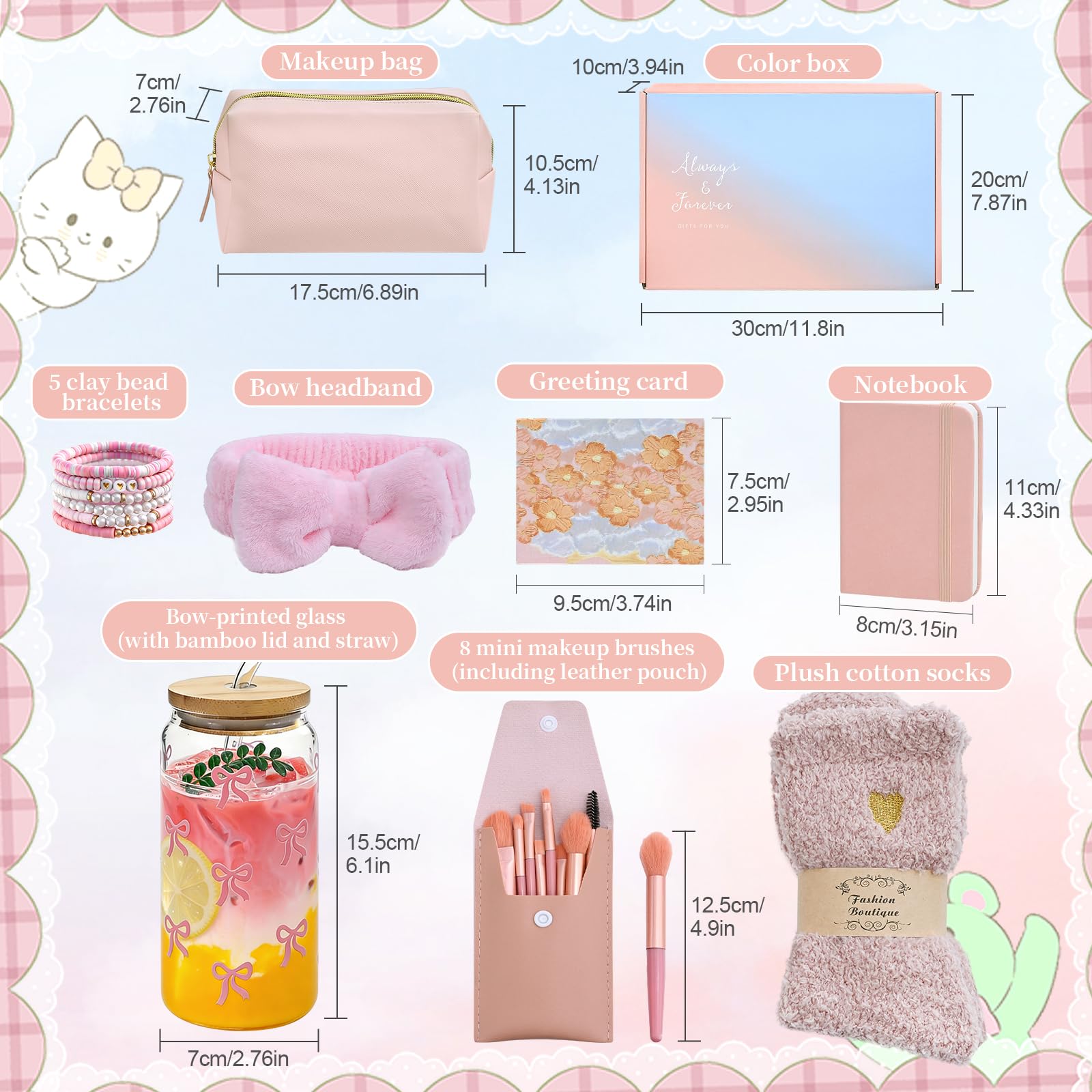 Regali per ragazze adolescenti 9, 10, 11, 12, 13, 14, 15, 16 anni, con bicchiere da 500 ml con stampa a fiocco, pennello per trucco, trousse per il trucco, fascia, calze, braccialetto, taccuino