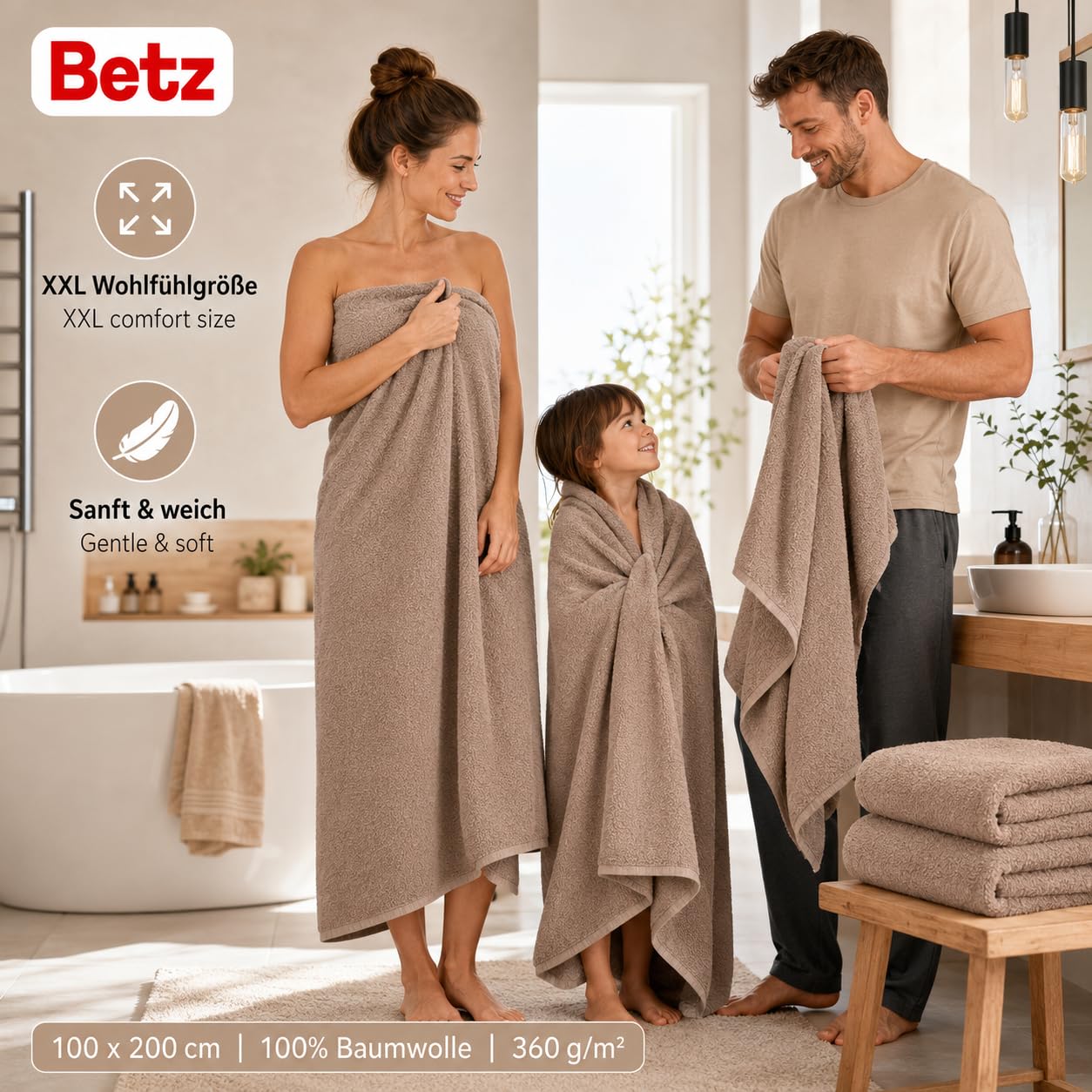 Betz Badetuch XXL 100x200 cm – 1 Stück – Saunatuch & Strandtuch aus 100% Baumwolle, 360 g/m² – saugstark & weich – großes Handtuch mit Aufhänger – Serie Berlin – Farbe Cappuccino Küche, Haushalt & Wohnen