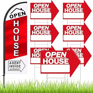 Juexica 8 Pcs Open House Signs for Real Estate with Pole Kit 7 Pcs 24 x 18 Inch Open House Red Arrow Yard Signs Double Sided Swooper Banners Feather Flag for Outside