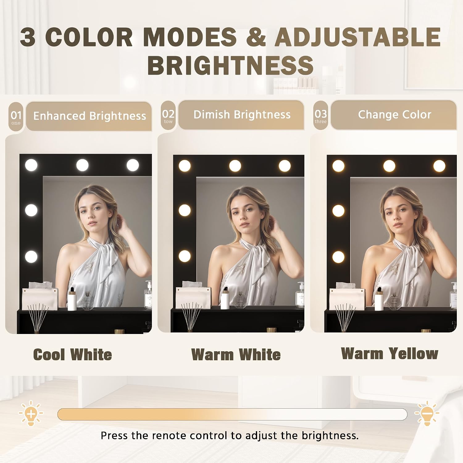 Lighted mirror with 3 color modes and adjustable brightness