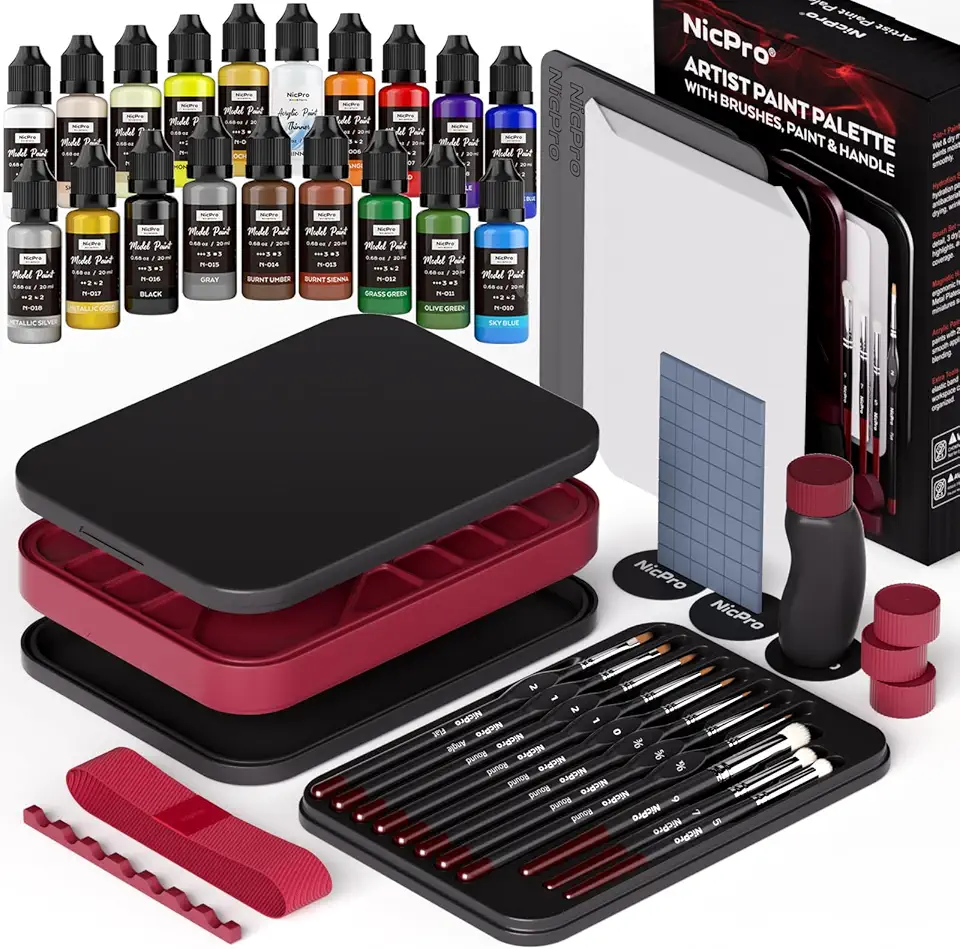 Nicpro Kit de pintura em miniatura tudo-em-um, incluindo pintura de modelo de 18 cores, paleta molhada, 11 pincéis de pintura detalhados, escova seca, alça de pintura magnética, 2 esponjas, 50 peças
