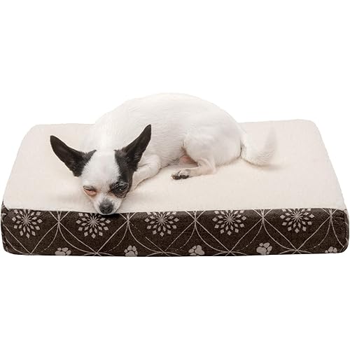Furhaven Small Memory Foam Dog Bed Sherpa & Flannel Paw Print Mattress w/ Removable Washable Cover - Dark Espresso, Small
