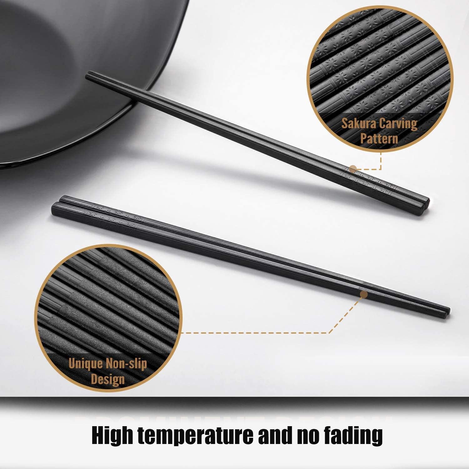 10 Pairs Fiberglass Alloy Chopsticks - Reusable Chopsticks Dishwasher Safe, Non Slip,Chinese,Japanese,Korean Chopsticks, 9 1/2 inches - BLACK