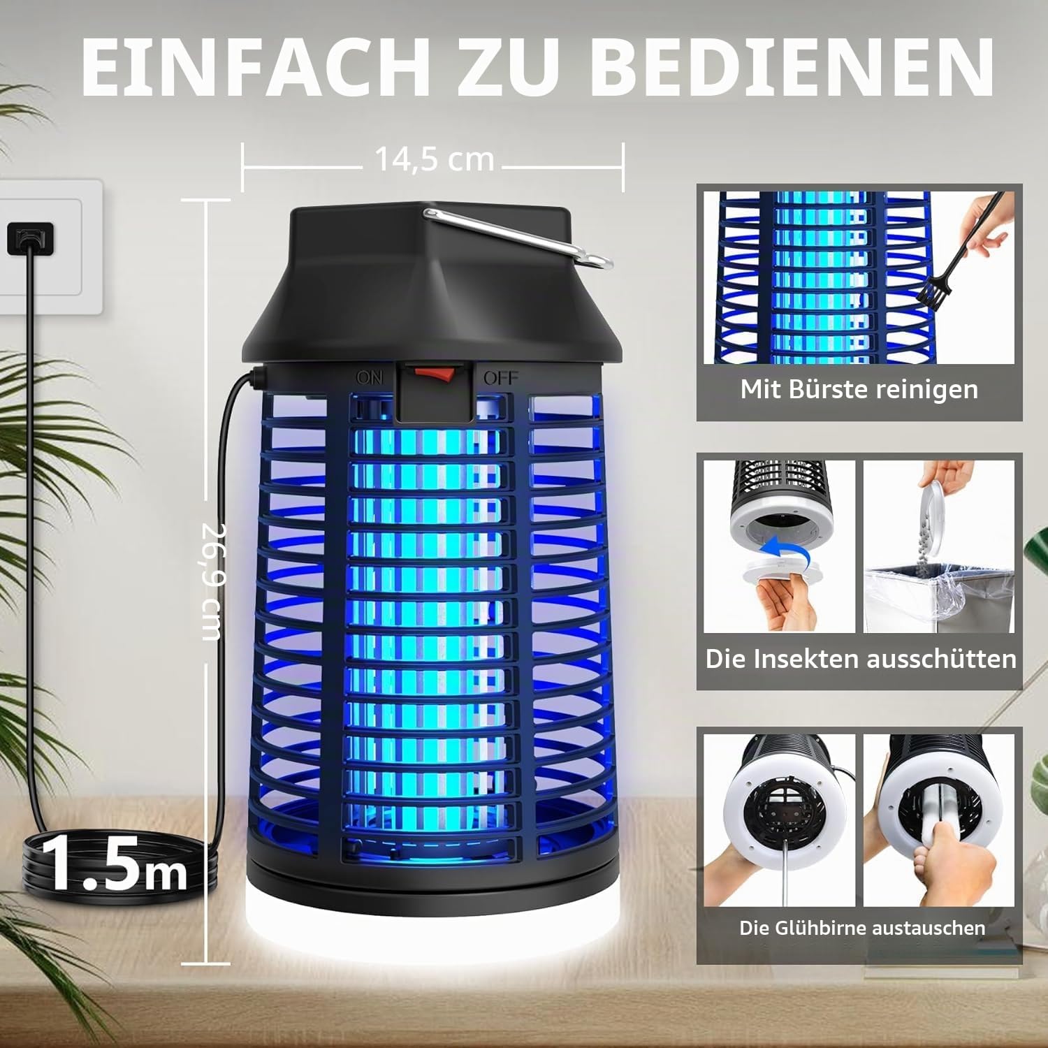 seenlast Insektenvernichter Elektrisch Mit Fernbedienung, Mückenlampe 15W 4200V Mückenfalle Mückenschutz Mit LED-Licht, Fliegenfalle Elektrisch Mückenabwehr, für Mücken,Motten,Fliege,Spinnen