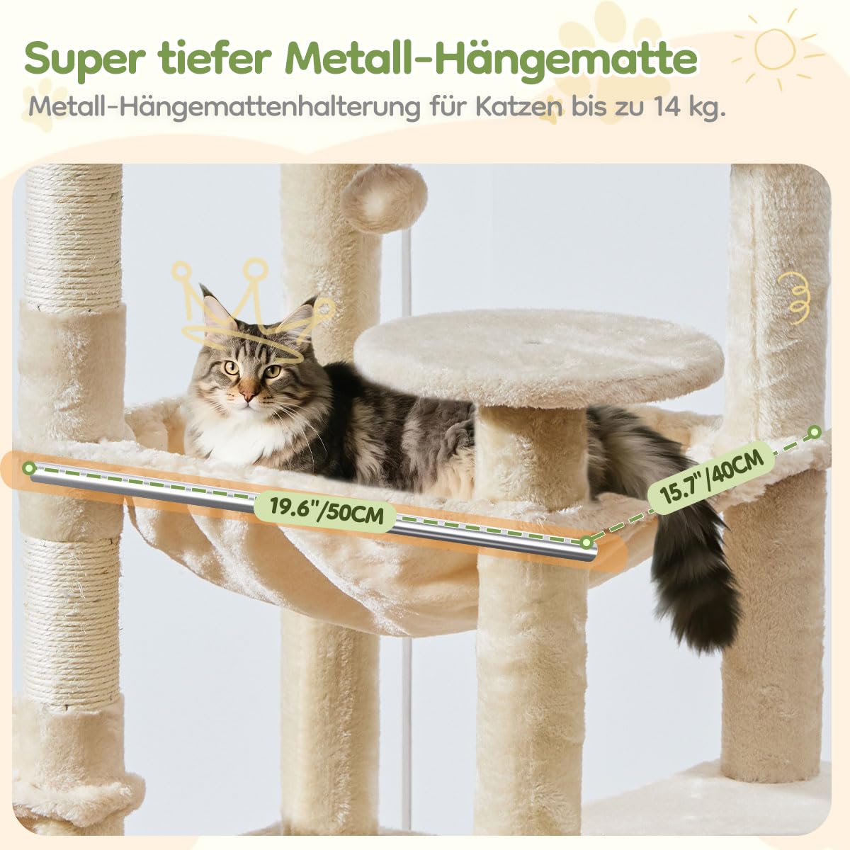 Taoqimiao 183cm Kratzbaum XXL, Großer Katzenbaum Für Große Katzen, MS045M | Stabil, Katzenkratztafel, Mehrstöckig, Einfache Montage, Große Plattform, Katzenhaus, Hängematte, 5 Kratzsäulen, Beige