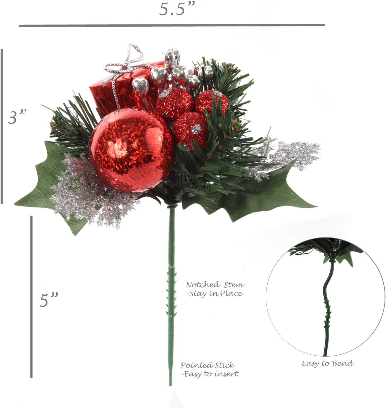 Larksilk 12-Pack Christmas Pick Decorations - Evergreen Pine, Holly Berries, Frosted Silver Leaf & Ornamental Gift Box
