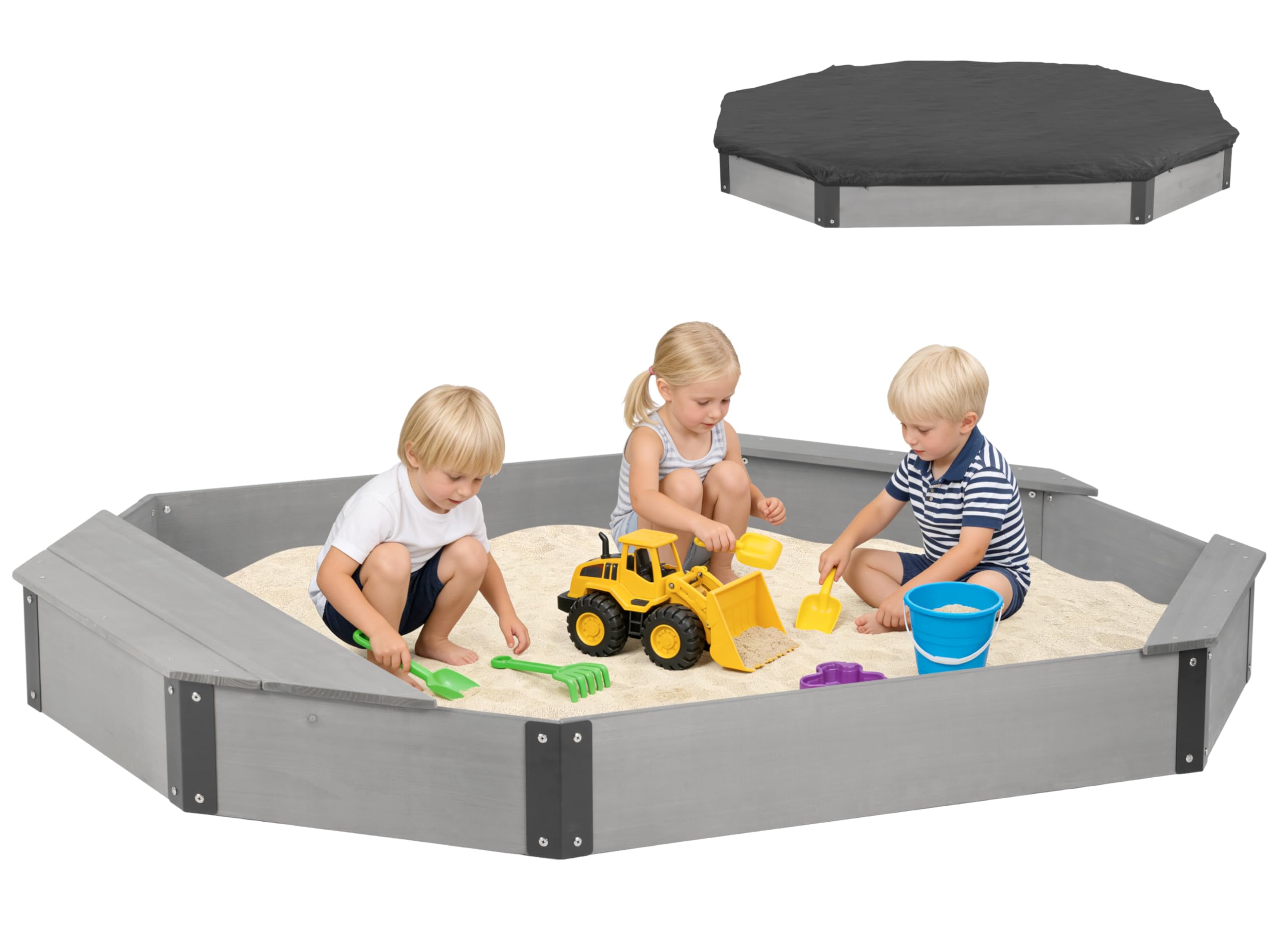 75.5''x53''x8.5'' Octagon Sandbox with Storage Box for Kids Outdoor Play, Wood Large Sandpit with Cover & 3 Benches, Quick Easy Install