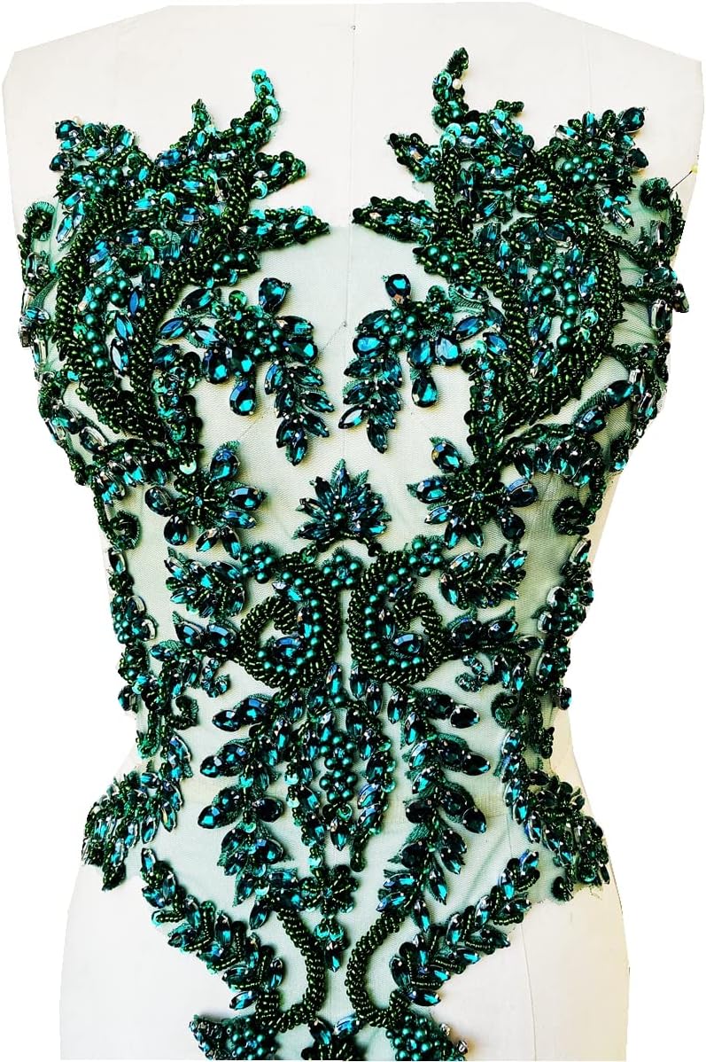 Handmade Rhinestones lace Appliques sew on Beads Trim Patches for Dress Clothing Accessories (deepgreen)