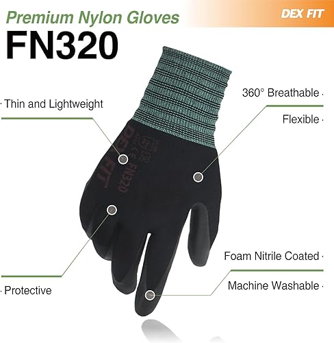 Miniatura 2 de DEX FIT FN320 - Guantes de trabajo de nitrilo, ajuste elástico 3D, agarre de potencia, recubierto de espuma resistente, fino y ligero de nailon