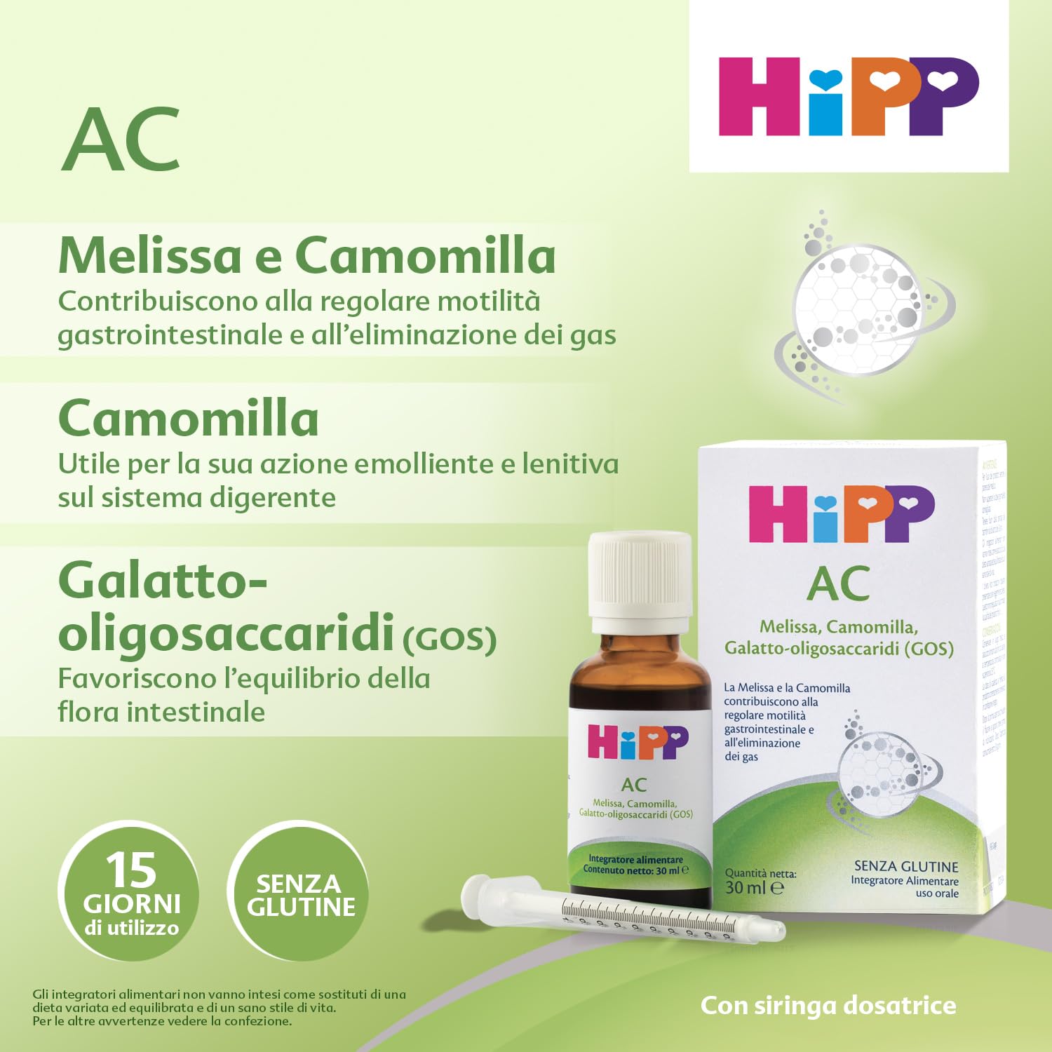 HiPP- HiPP AC, Integratore Alimentare, Eliminazione dei Gas Intestinali, Melissa, Camomilla, Galatto-oligosaccaridi (GOS), Regolare Motilità Gastrointestinale, Bambini, Flacone 30 ml, Senza Glutine