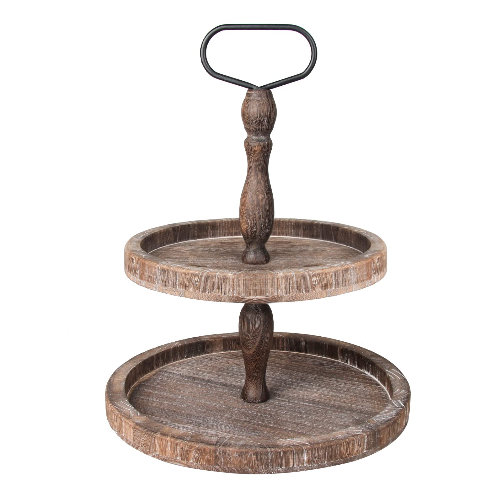 Wojoiul Tiered Tray Wood - Farmhouse Rustic Wooden 2 Tier Tray Fall Halloween Christmas Decor with Metal Handle for Coffee Table, Cupcakes & Fruits (Brown)