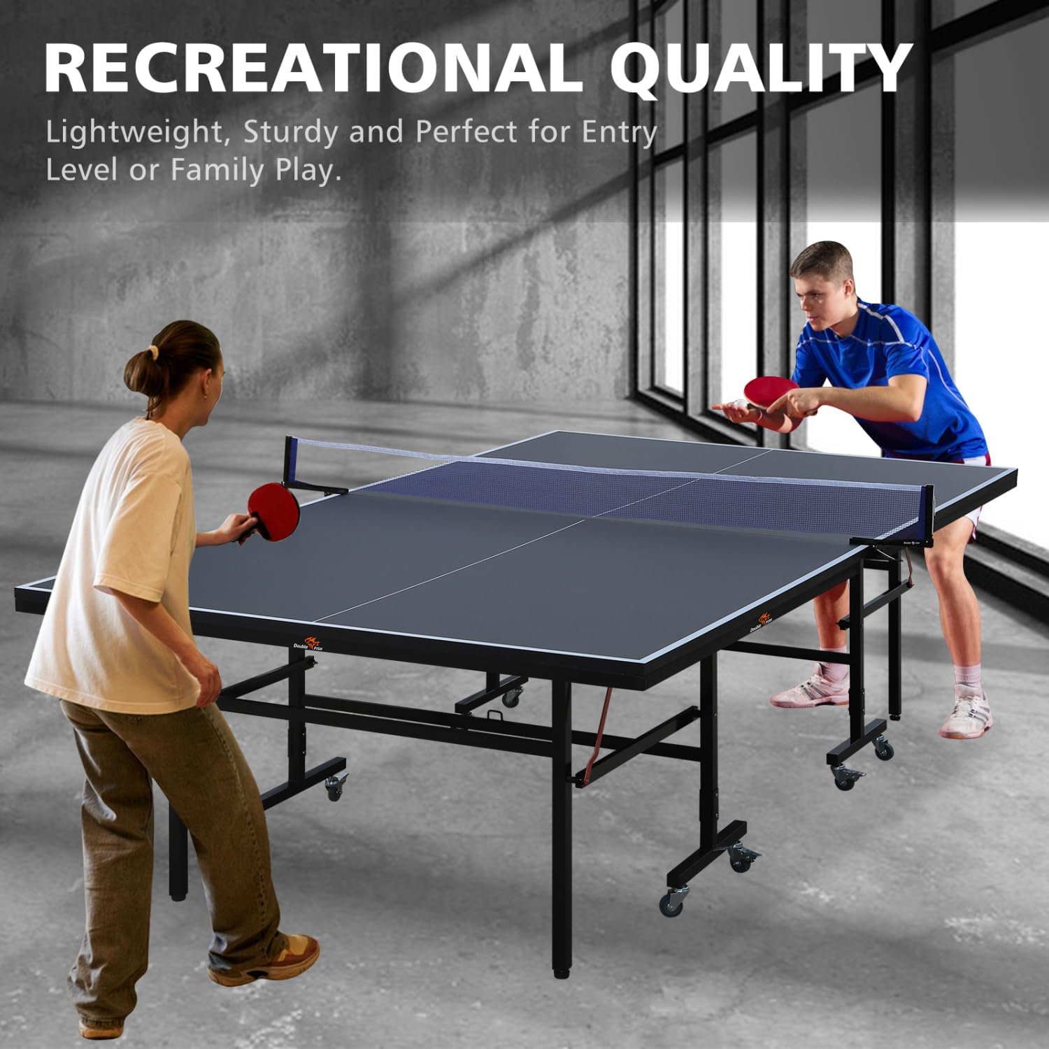 Double Fish 9 Ft MidSize Table Tennis Table Foldable and Portable Ping Pong Table Set for Indoor Games with Net 2 Table Tennis Paddles and 3 Balls