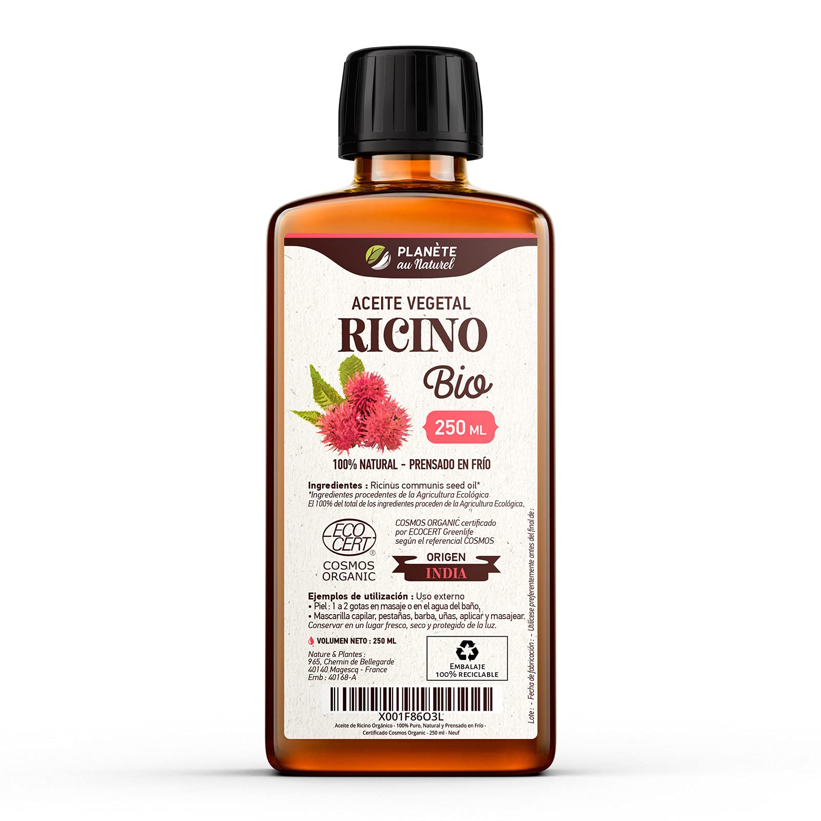 Aceite de Ricino Orgánico 250 ml - 100% Puro, Natural y Prensado en Frío - Certificado Cosmos Organic