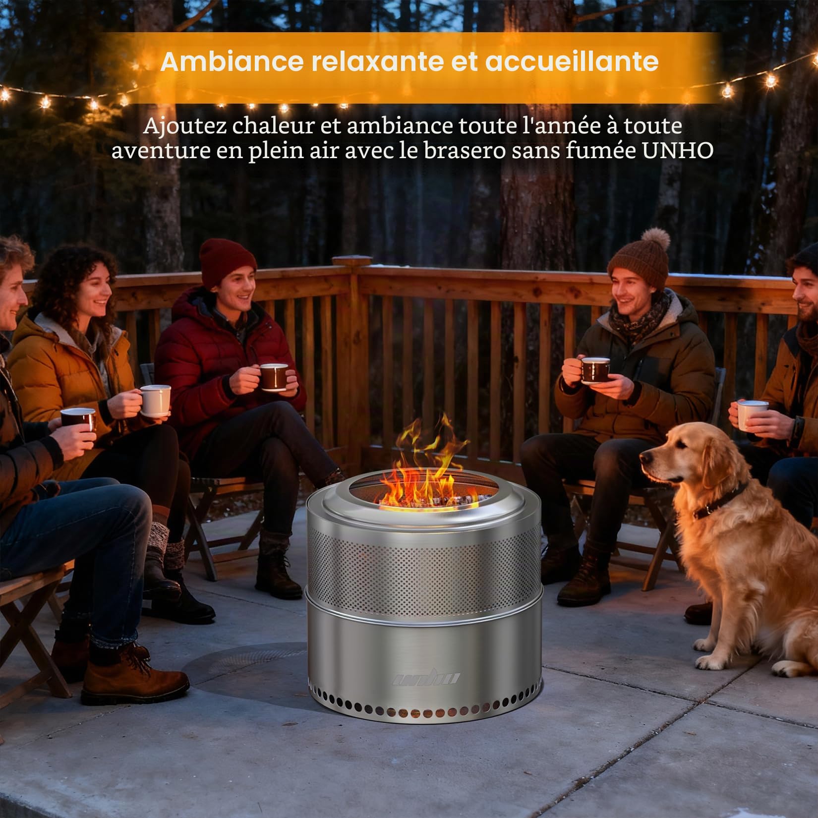 UNHO Foyer Sans Fumée Portable 50cm Brasero Extérieur Moderne en Acier Inoxydable Argenté, Combustion Optimisée, Bac à Cendres Amovible, Sac de Transport Inclus, Idéal pour Camping, Terrasse et Jardin
