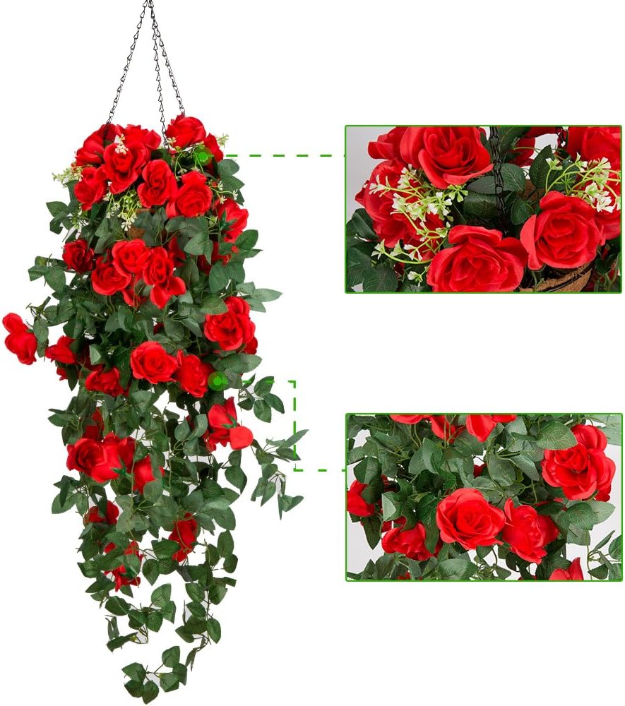 (Large Rose) Artificial Hanging Flower, Mixinie Hanging Basket Silk Flower Rose Garland Vine