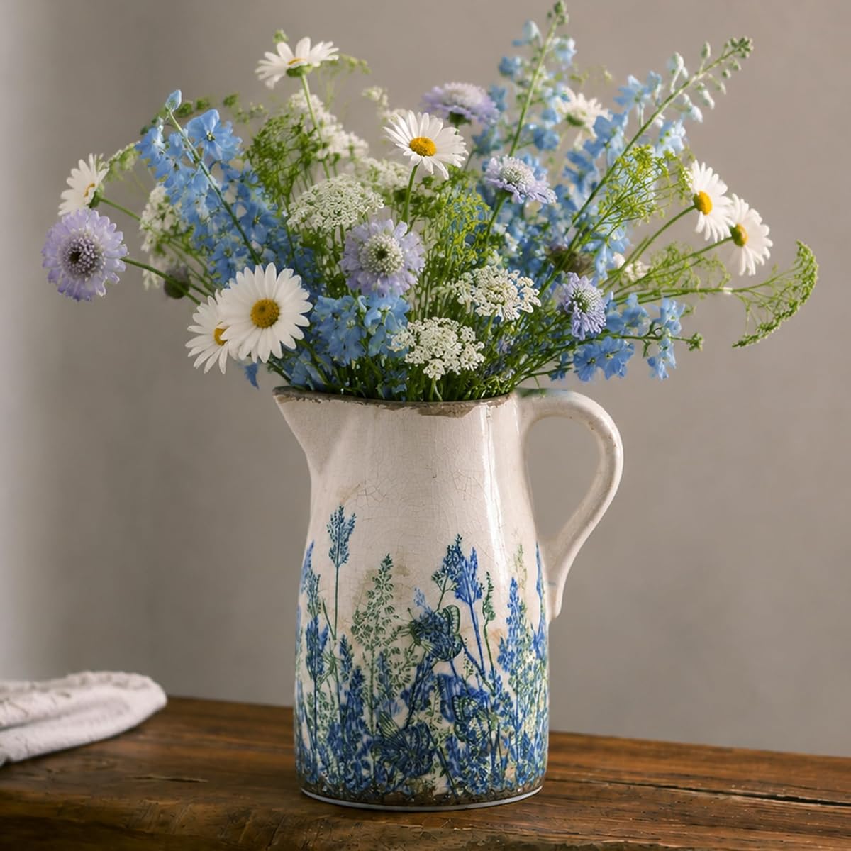 Navy Blue & Green Vintage Ceramic Pitcher Vase 7.3”, Rustic Farmhouse Floral Vase, Beige Decorative Centerpiece, Grandmillennial Tuscan Decor