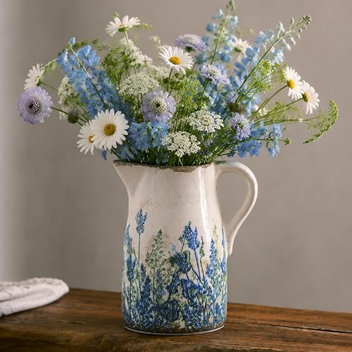 Navy Blue & Green Vintage Ceramic Pitcher Vase 7.3”, Rustic Farmhouse Floral Vase, Beige Decorative Centerpiece, Grandmillennial Tuscan Decor