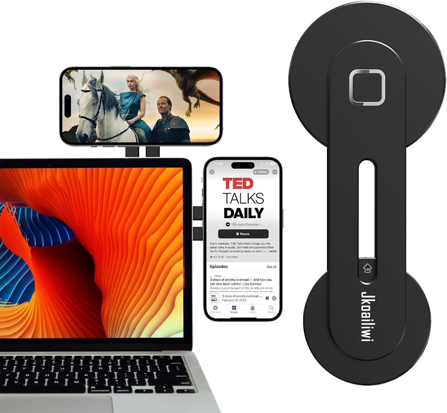 180° Adjustable Magnetic Laptop Phone Holder Mount for Monitor's Top and Side, Dual Screen Computer Edge Monitor Mount, Extended Laptop Stand for All Phones, Black