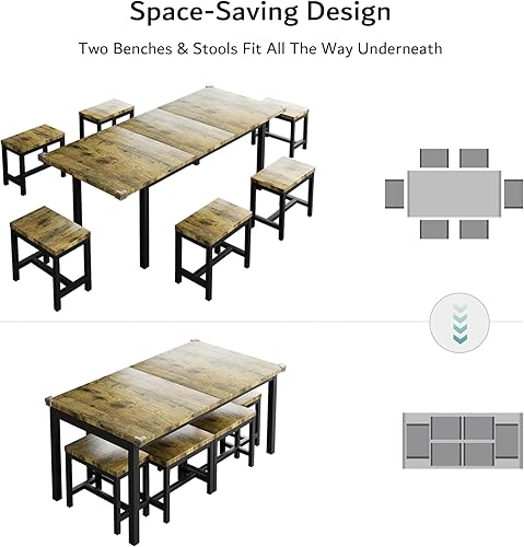 Miniatura 5 de iPormis Juego de mesa de comedor de 7 piezas con 6 taburetes, juego de mesa de cocina extensible de 63 pulgadas para 4-8 personas, mesa de comedor