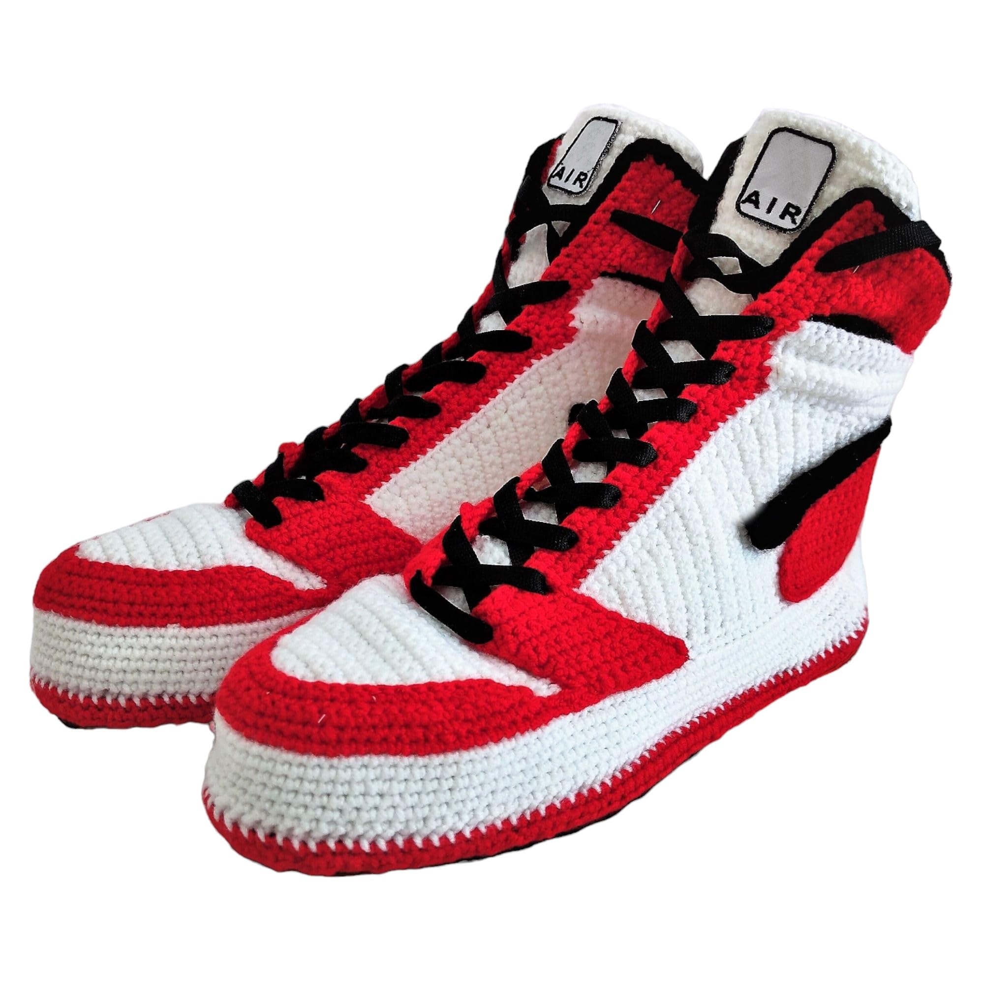 Handmade Jordan Style Crochet Basketball Slippers Retro Knitted High-Top Plush Shoes Cozy Breathable Indoor Plush Unisex Custom House