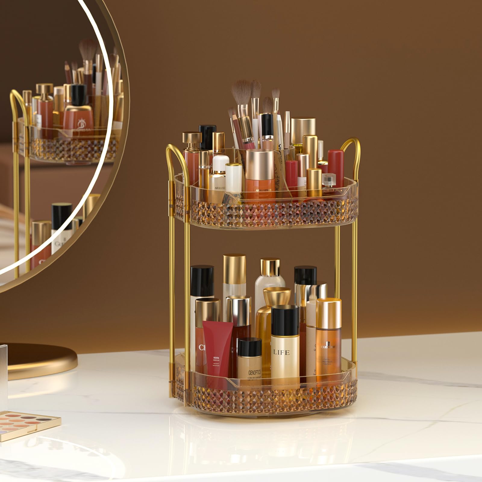Awenia Rotating Makeup Organizer 360, Stackable Adjustable Large Capacity Cosmetic Storage Unit,Dresser Bathroom Kitchen Countertop Organizer with Metal Handle, Plus Size (Honorable Gold, 2 Tier)