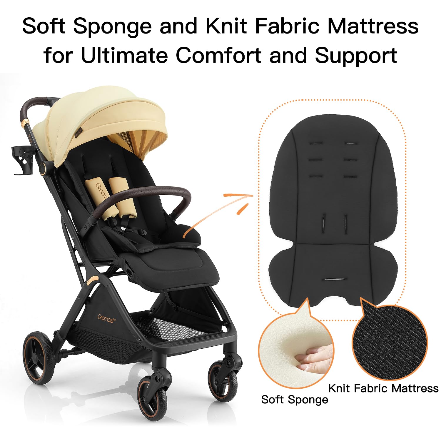 Gromast Gravity Poussette de bébé pliable, Poussette de voyage portable pour nourrisson avec dossier réglable & pare-soleil, légère et protégée des UV, pliage automatique à une main, Beige