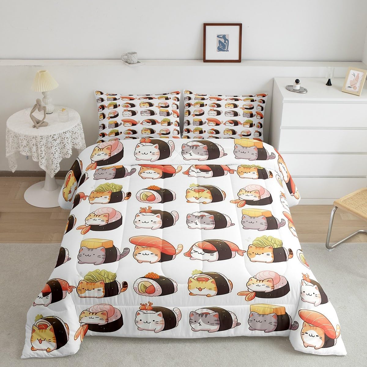 Erosebridal Kids Sushi Comforter Set Full,Cute Sushi Cat Bedding Set Kawaii Gifts for Girls Teens Women,Japanese Food Quilt Bed Set Anime Style Bedding Comforter Sets with 2 Pillowcases Room Decor image 2