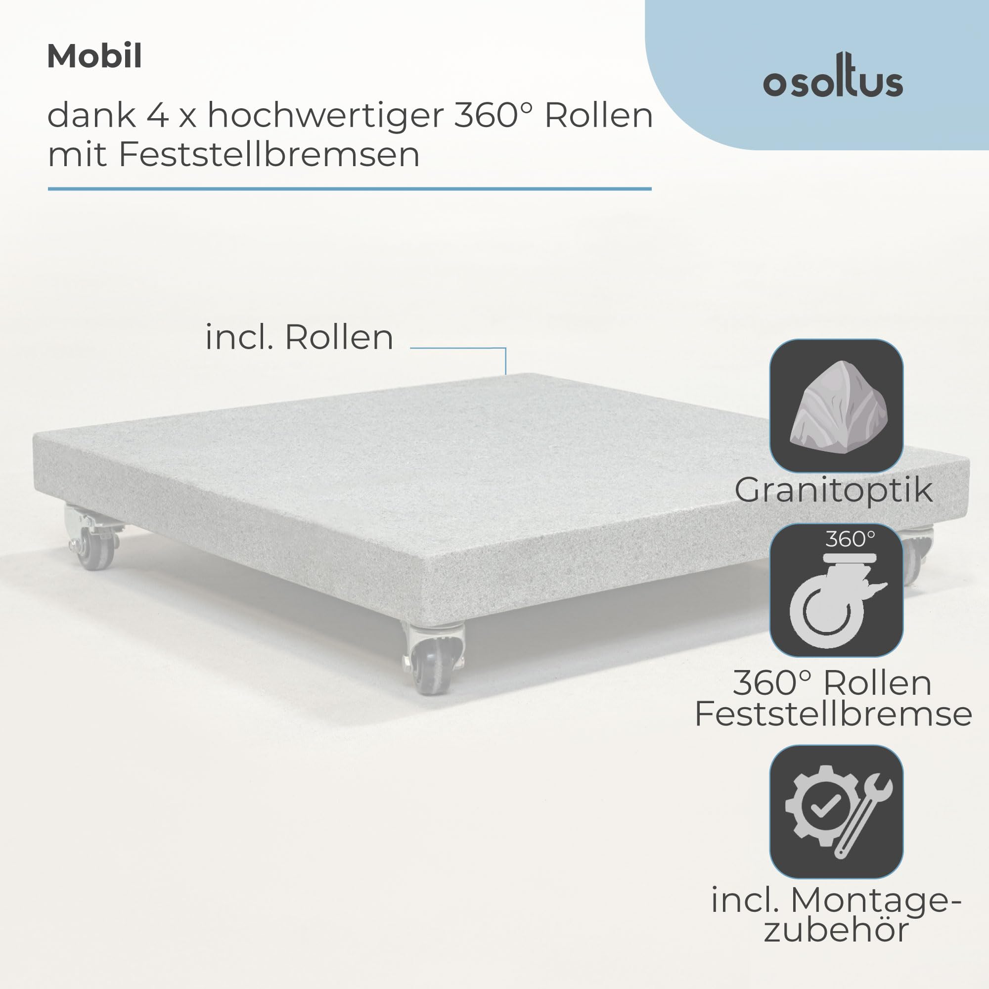 osoltus Granit Schirmständer 120 kg mit 4 Rollen zu Ampelschirm 80 cm x 80 cm