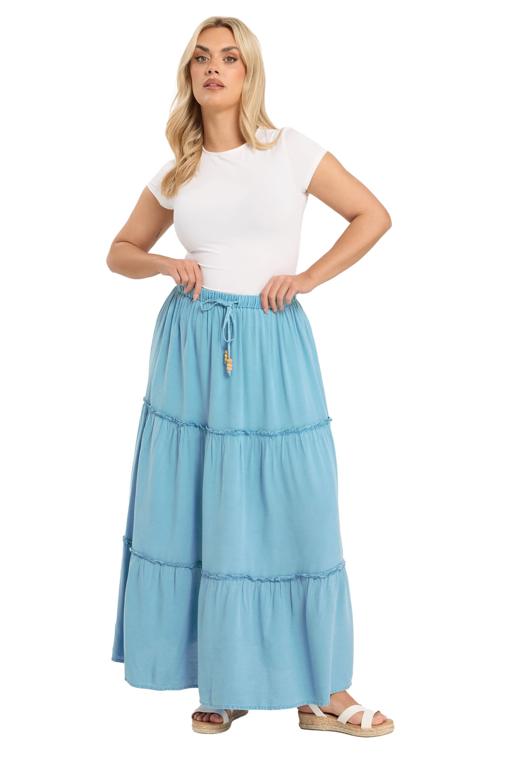 Yours Women's Light Blue Curve Blue Chambray Tiered Maxi Skirt - Plus Size Curve