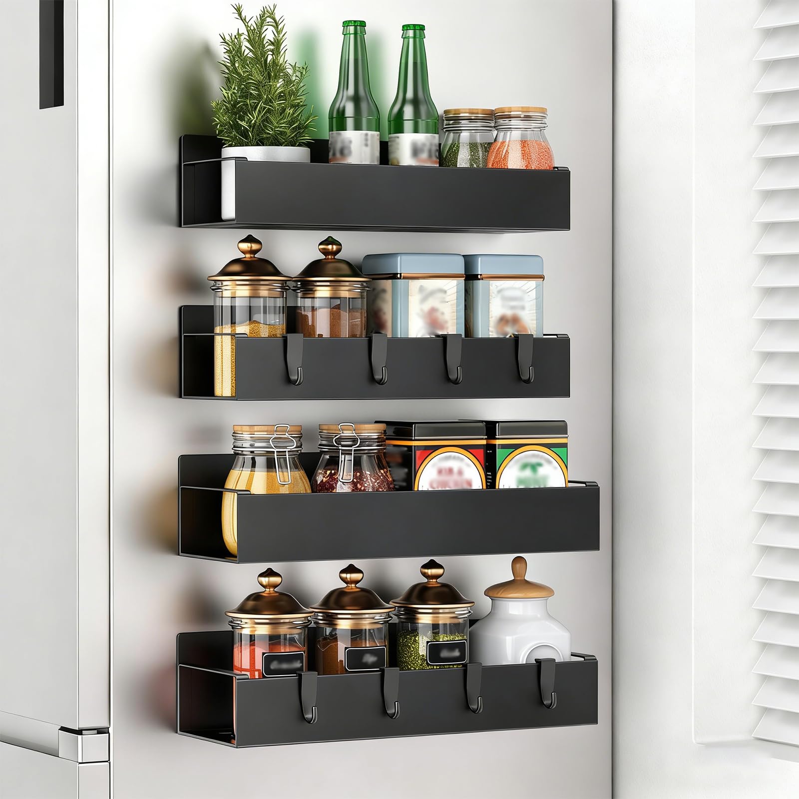 Houbobo Black 4 Pack Magnetic Spice Storage Rack Organiser For Refrigerator And Oven, Moveable Magnetic Shelf With 8 Hooks For Kitchen Fridge And Oven Organisation
