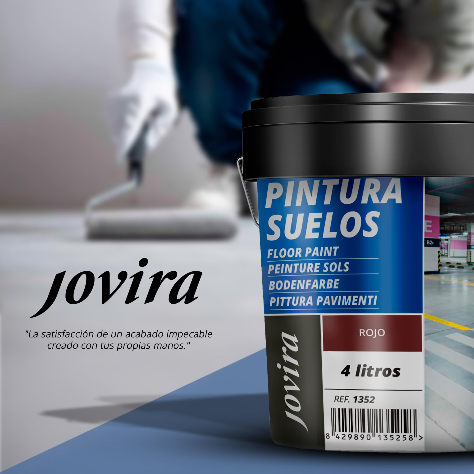 JOVIRA PINTURAS- 6 Kg - Pittura per pavimenti esterni ed interni, garage e superfici sportive in genere + Rullo Antigoccia 22 cm (4 Litri, Rosso + Rullo Antigoccia) B-13