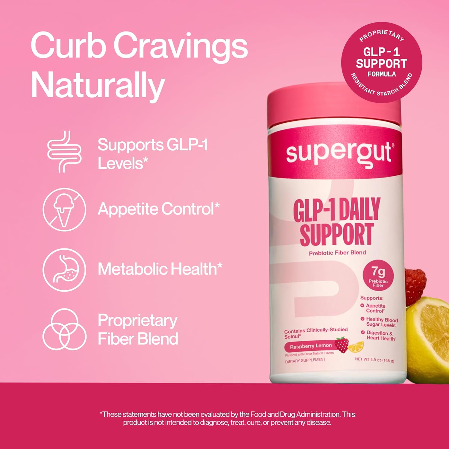 Supergut GLP1 Daily Support - Raspberry Lemon - High Fiber GLP-1 Supplement Powder for Women & Men - Sugar-Free Drink Mix for Gut Health & Digestive Support (18 Servings)