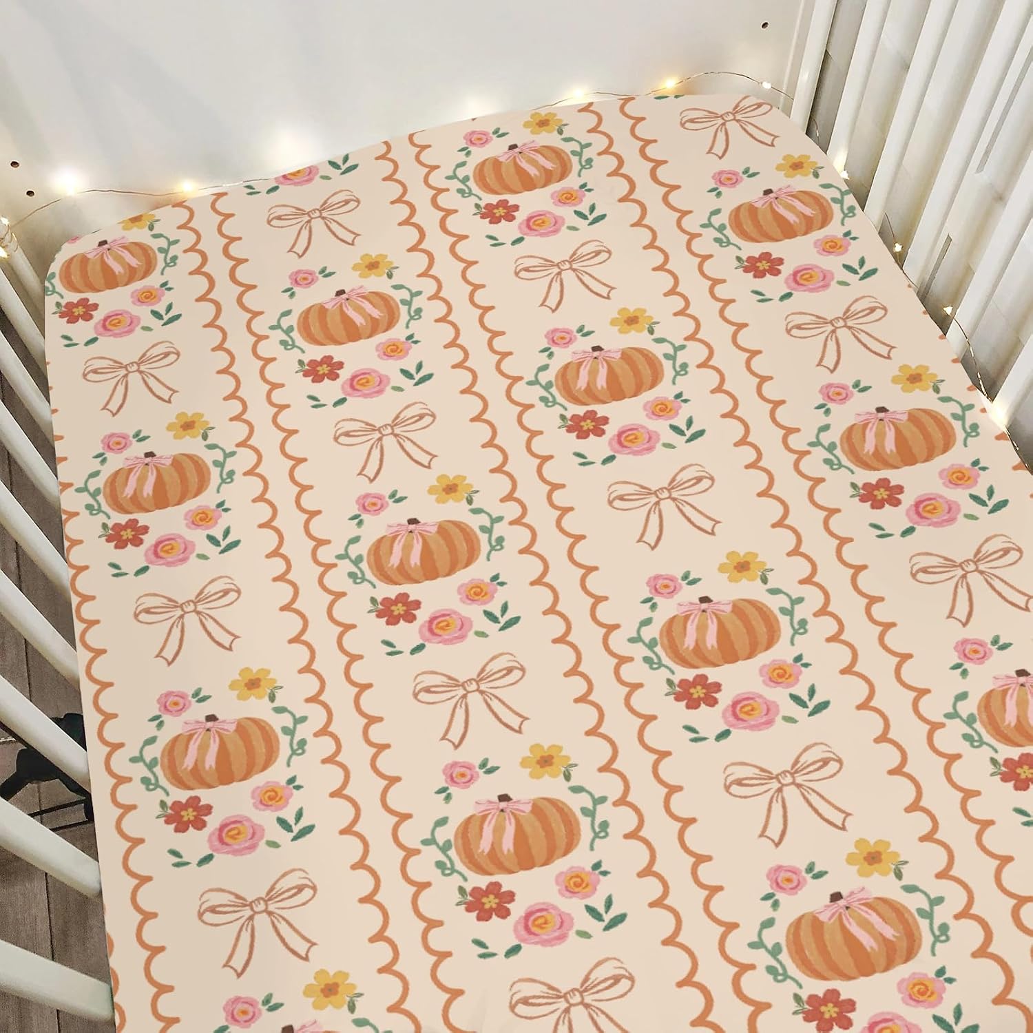 Retro Fall Pumpkins Bows Floral Baby Crib Sheets for Boy Girl 52"x28" Preppy Orange Pumpkin Soft Snug Fitted Crib Mattress Cover Cottagecore Autumn Halloween Bed Sheet for Crib & Toddler Mattress