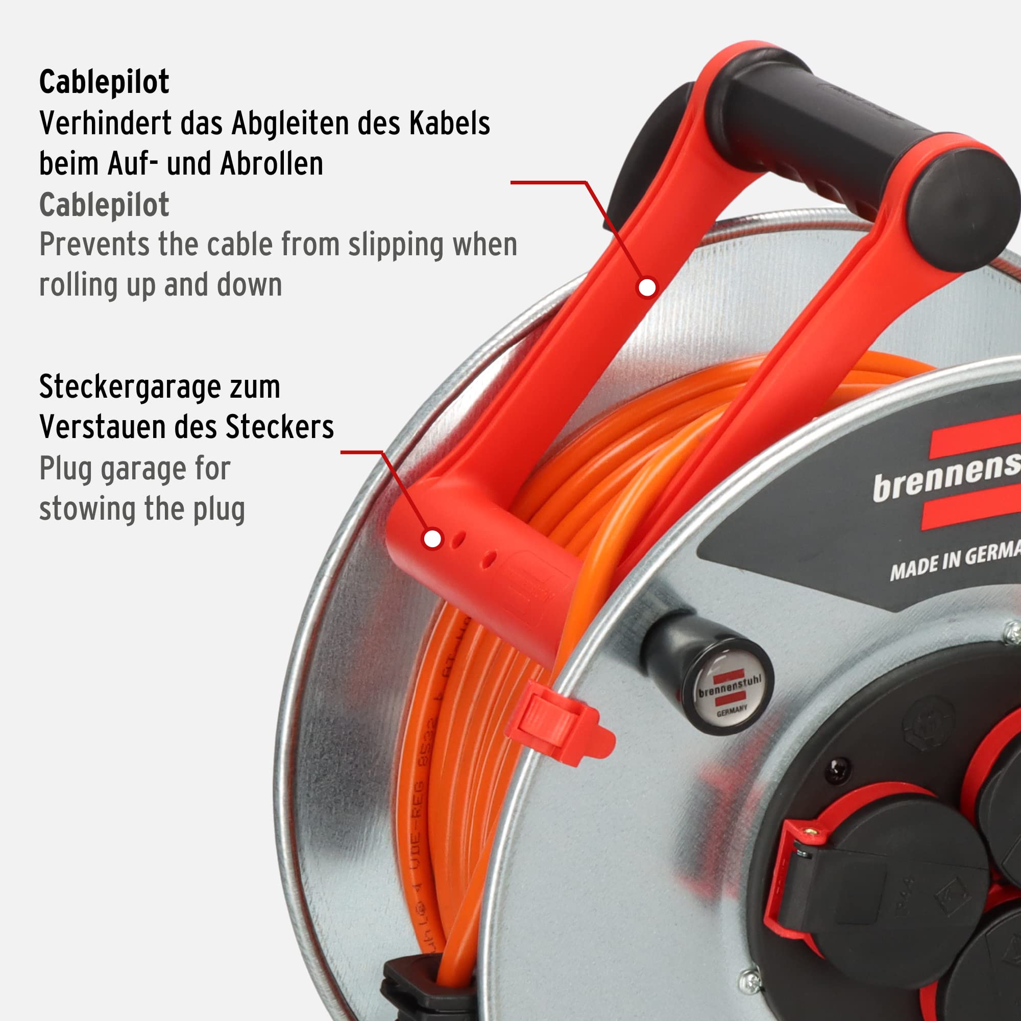 Brennenstuhl Garant S V2 bęben kablowy IP44, 40 m, do użytku na zewnątrz (Made in Germany, kabel w kolorze sygnałowym, pomarańczowy, z blachy stalowej, krótkotrwałe zastosowanie na zewnątrz) | Made in Germany, kabel w kolorze pomarańczowym, krótkotrwałe z