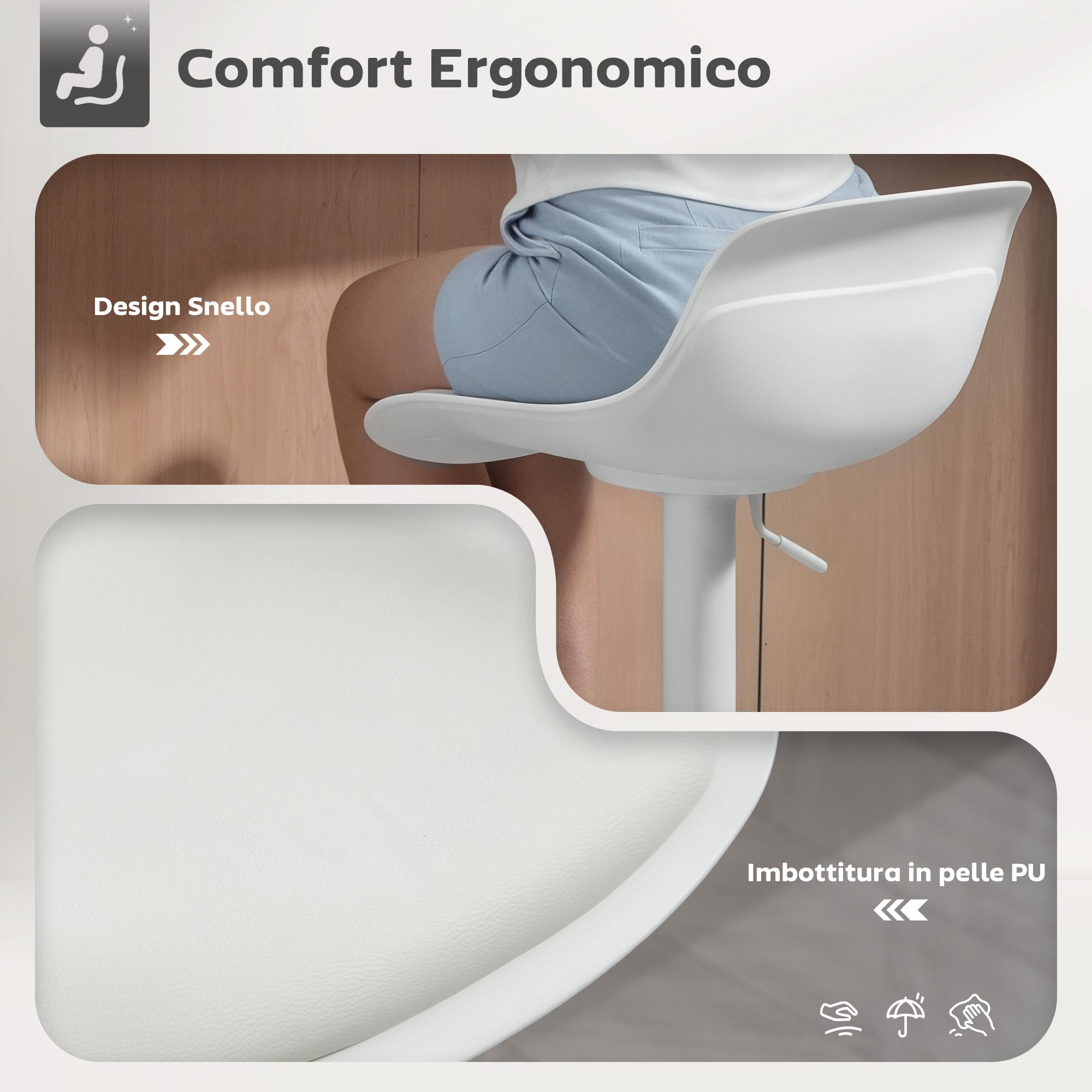 HOMCOM Set 2 Sgabelli Bar con Altezza Regolabile, Sgabelli Alti Cucina in Finta Pelle con Schienale e Poggiapiedi e Ampia Base in Acciaio, Sedie Bar Alte Girevoli a 360°, Bianco