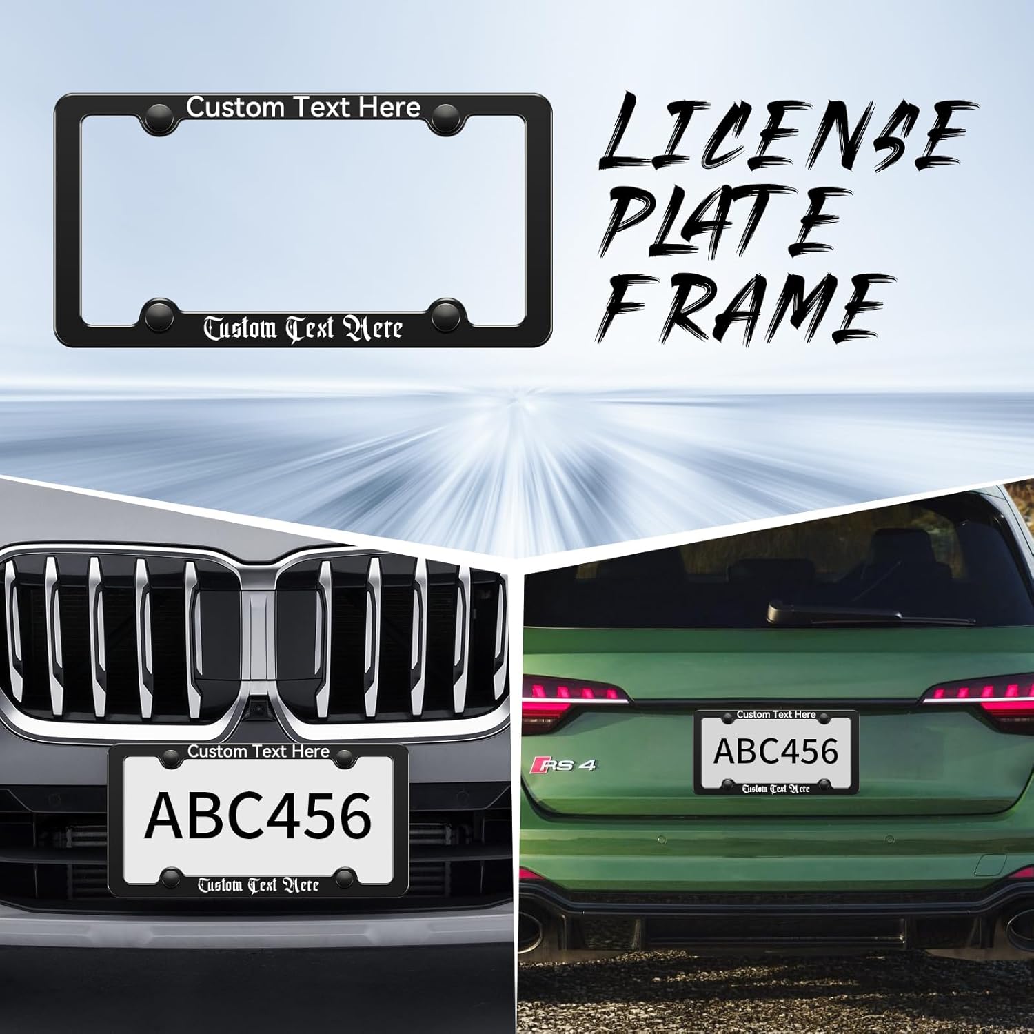 Custom License Plate Frame, Rustproof Aluminum Metal License Plate Holder, Add Your Text/Logo Personalized Custom Black License Plate Frame with Mounting Hardware Screws, Caps