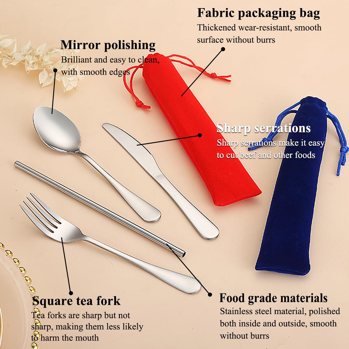 SET POSATE PORTATILI In Acciaio Inox: Coltello, Forchetta, Cucchiaio E Cannuccia - Con Sacchetto Per Picnic, Campeggio E Viaggi - Foto 3