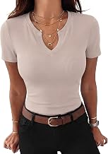 Gyabnw Women's V-Neck Short Sleeve Elegant Slim Fit T-Shirt Short Sleeve Elegant Solid Color Perfect for Office or Leisure