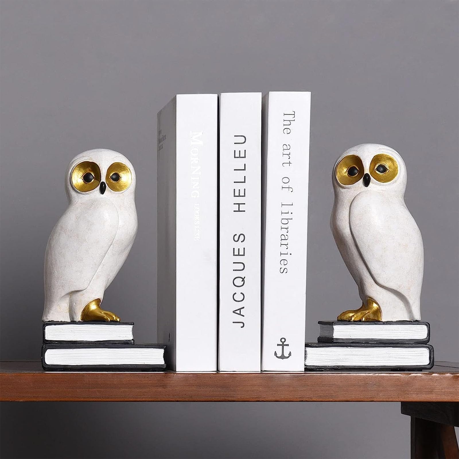 Wise White Snow Owl Book Ends Decorative Unique Cute Bookends For Kids Home Office Decor Book Shelf Holder Modern Fun Resin Animal - Image 4