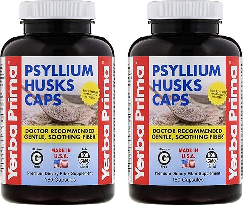 Yerba Prima Psyllium Husks Caps 180 cápsulas (paquete de 2)  Suplemento de fibra natural y limpieza de colon  Salud intestinal  Sin gluten sin OMG