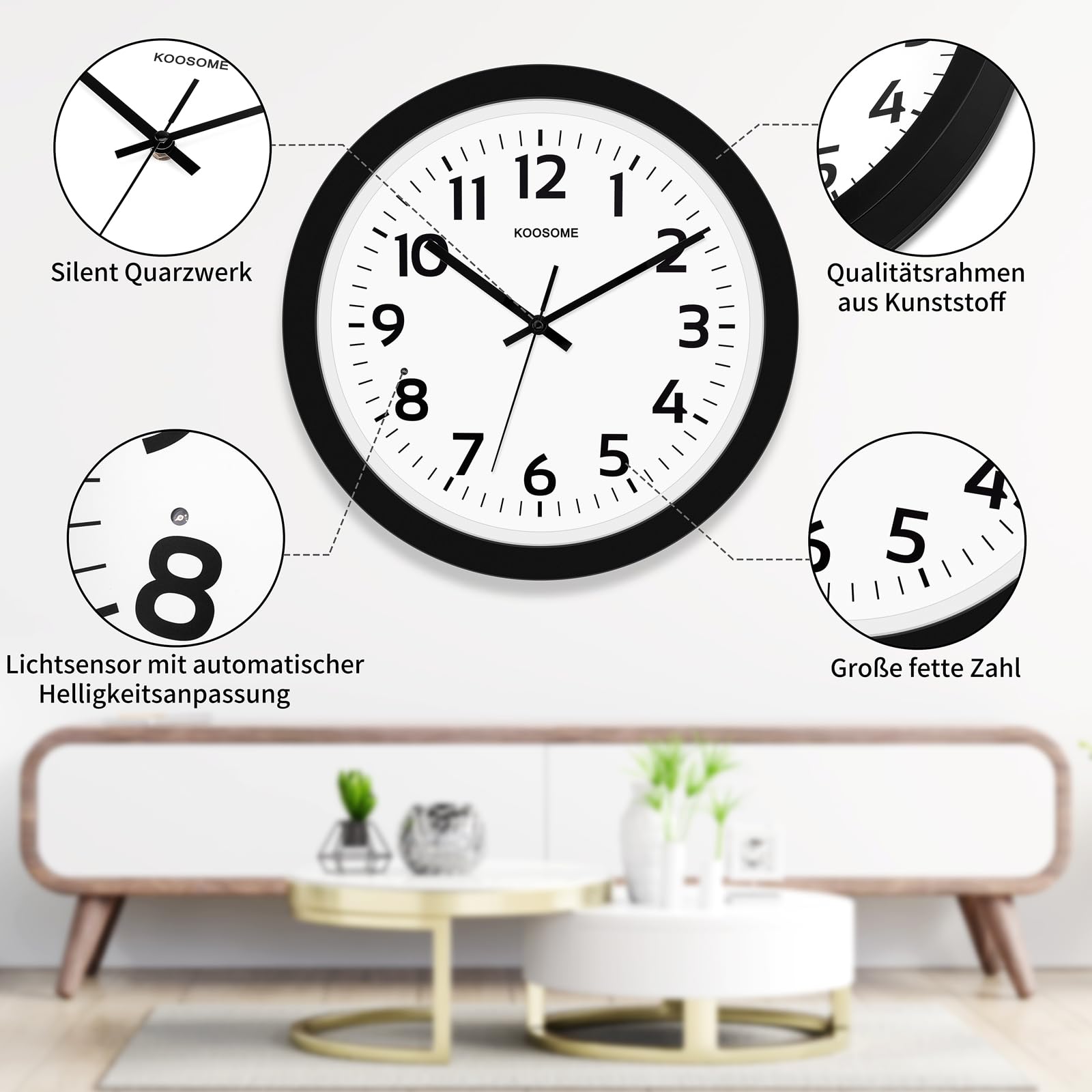 Nachtlicht Wanduhr 33cm lautlos, automatische Dimmung & beleuchtet