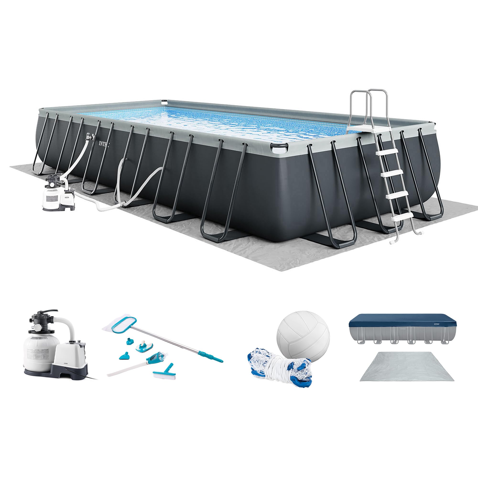 INTEX Ultra XTR 24 ft x 12 ft 52 in Above Ground Pool Set, Rectangular Swimming Pool with Sand Pump, Saltwater System, Maintenance Kit, & Volleyball Game
