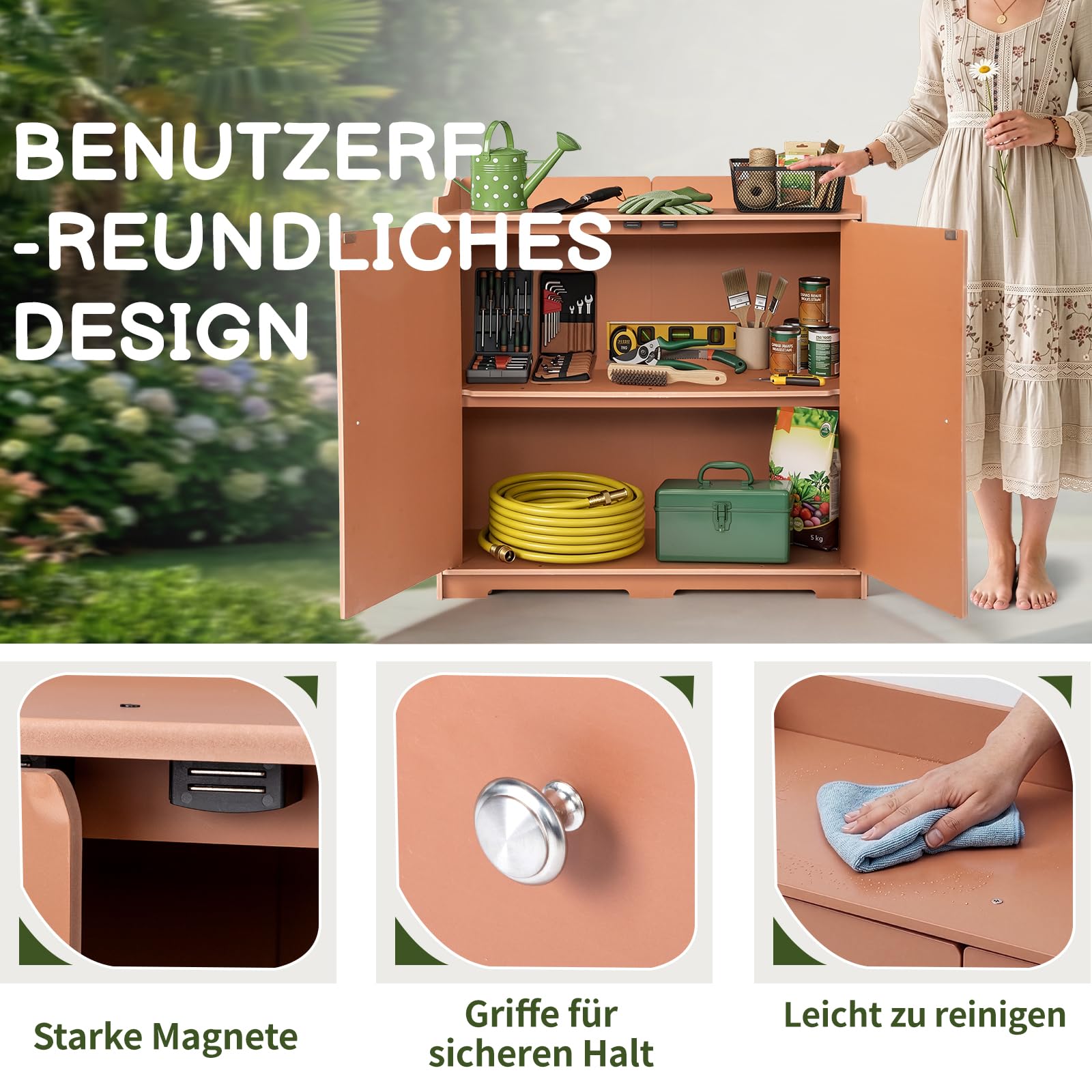 Gartenschrank mit Pflanztisch, Gartenschrank wetterfest Outdoor, 97 x 39 x 95 cm, Hochwertiges PVC-Material, Leicht zu pflegen und zu reinigen, braun
